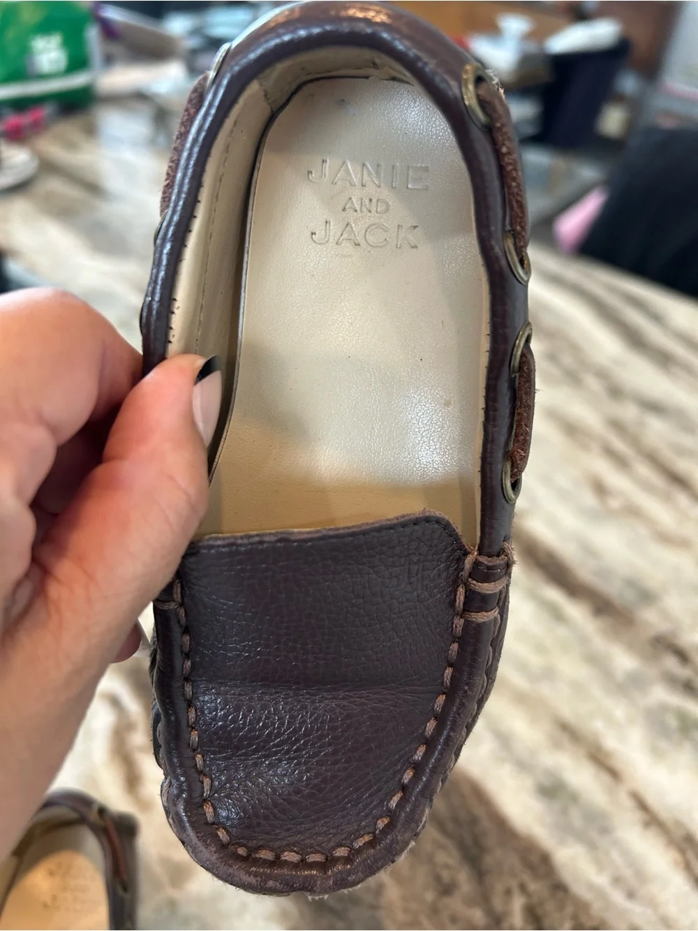 Janie and Jack Dark Brown Leather Kids Moccasins size 9 toddler have wear